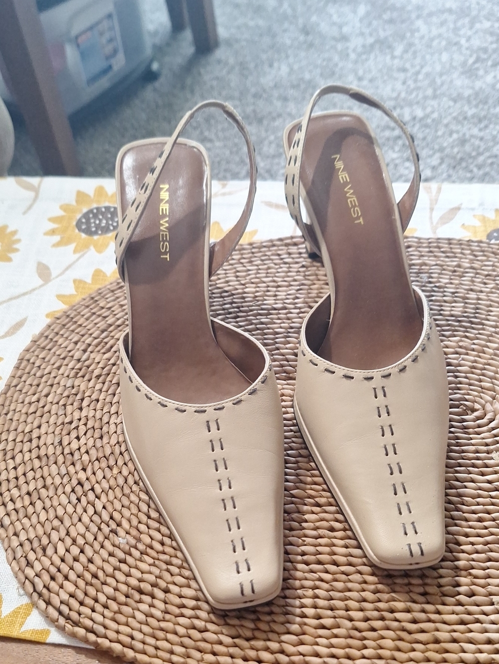Nine West Beige Slingback Pumps with Contrast Stitching